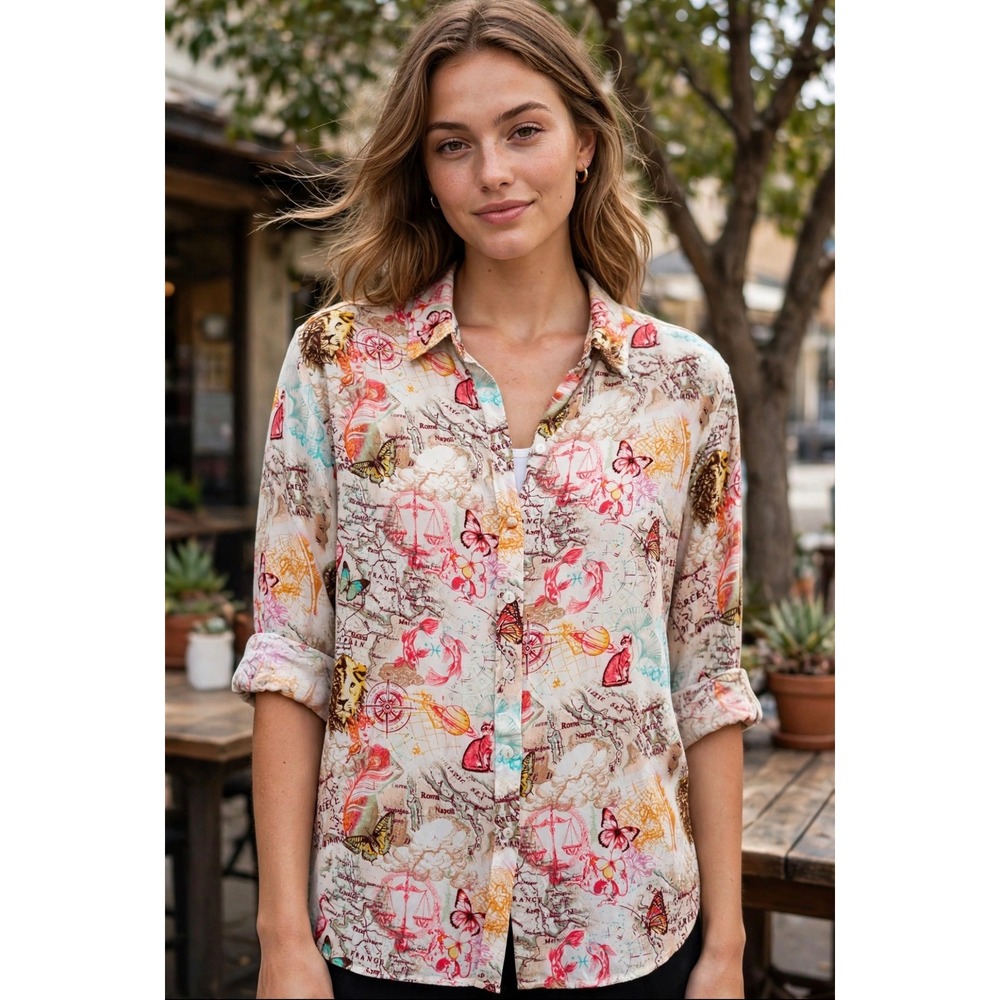Jane + Delancey Women 2X Rayon Map Butterfly Zodiac Print Button Down Shirt